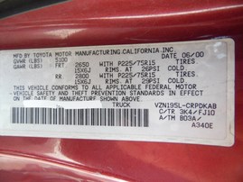 2000 TOYOTA TACOMA SR5 PRERUNNER BURGUNDY XTRA CAB 3.4L AT 2WD Z18185 